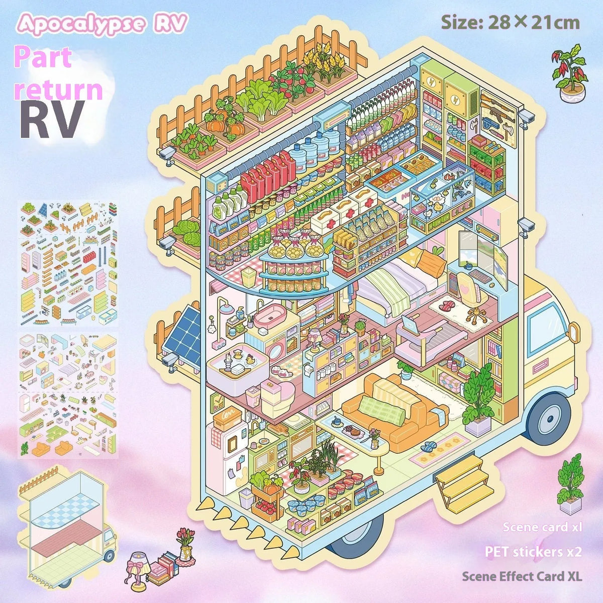 3D miniature landscape PET stickers with scene card and effect card in cartoon style