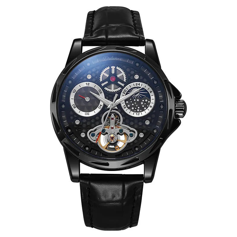 Men's automatic waterproof luminous watch with steel case and choice of leather or metal strap.