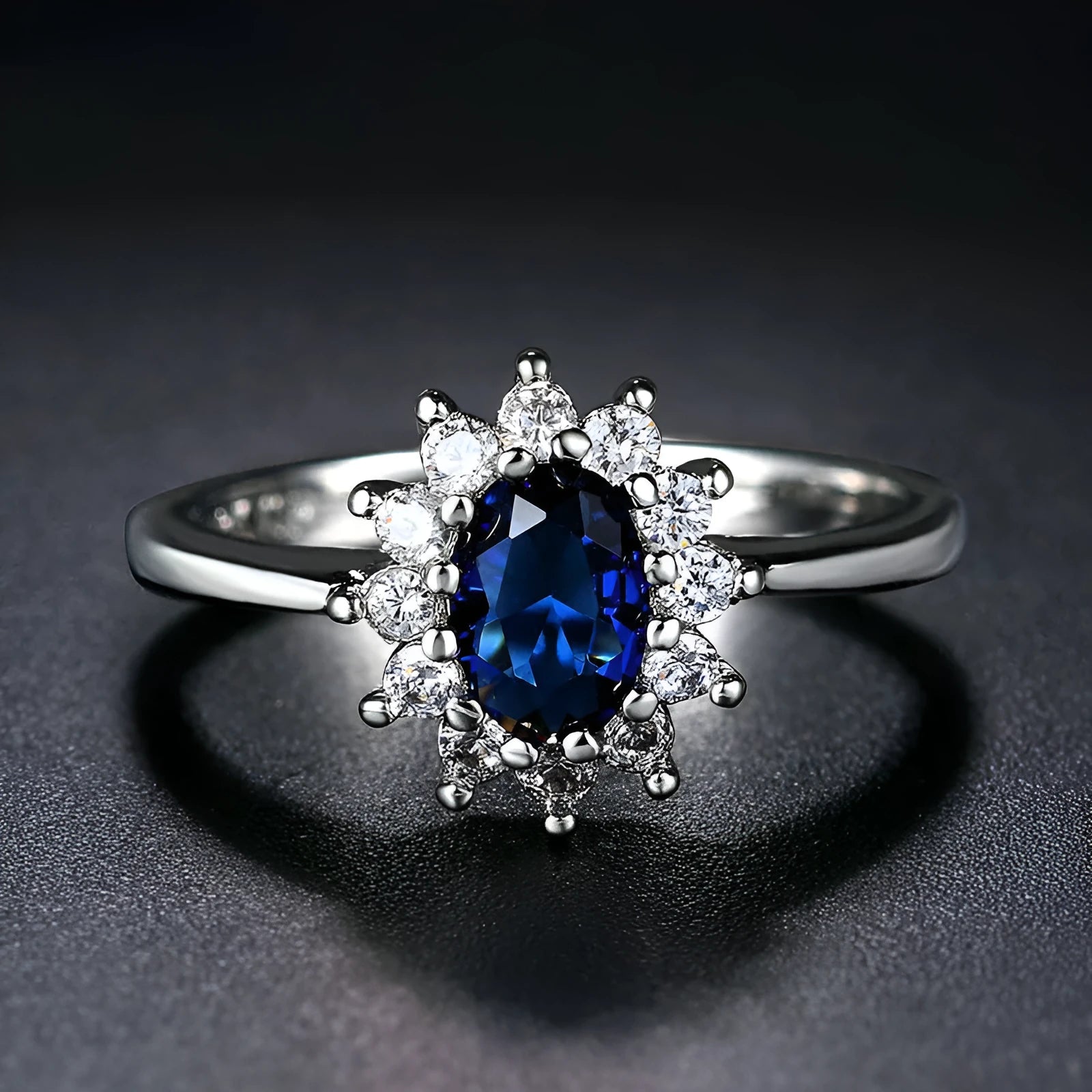 Sapphire blue moissanite floral women's ring made from electroplated copper.