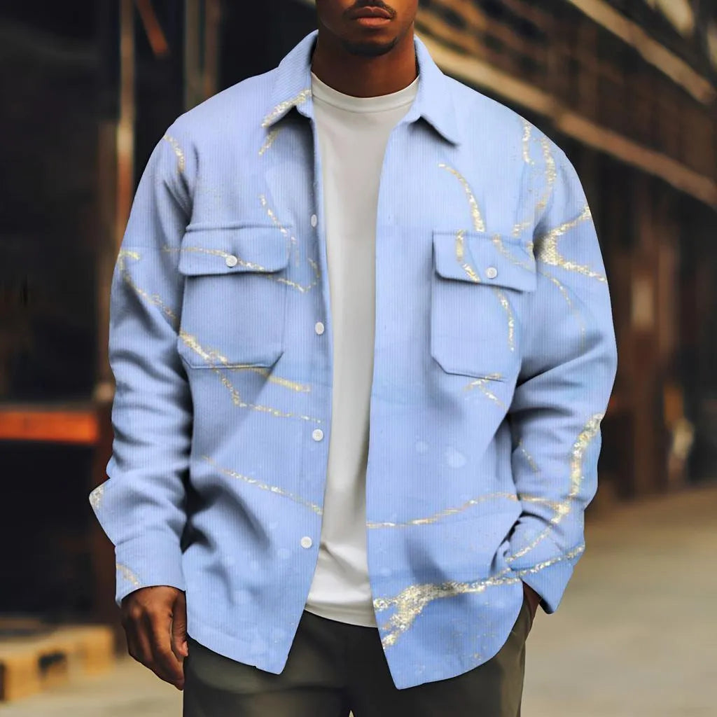 Men's solid colour polyester fibre jacket with digital print, loose fit, long sleeves, and patch pockets