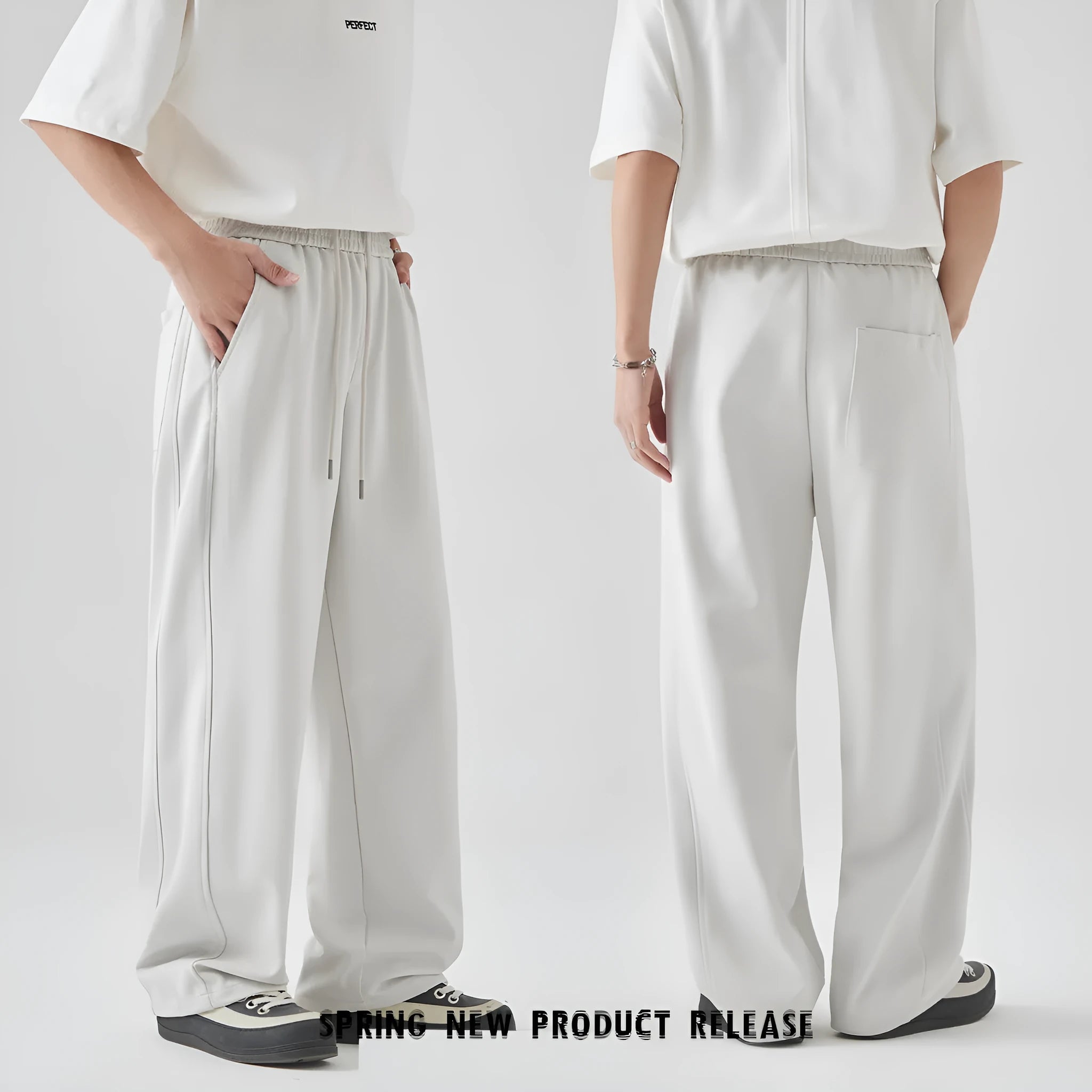Men's loose straight-leg trousers with lace-up front detail in cotton blend fabric