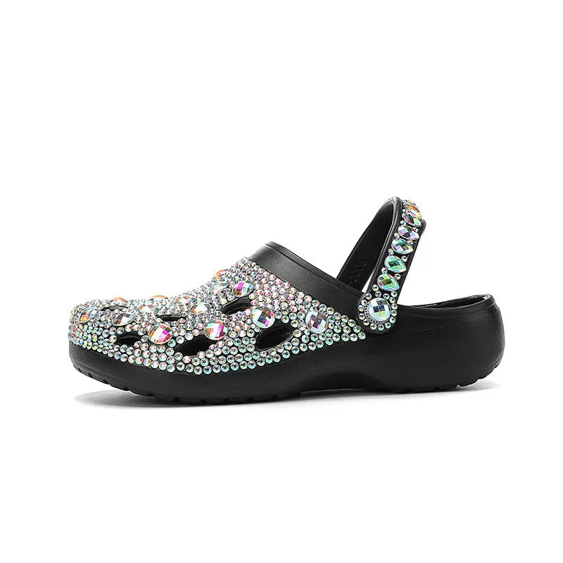 Black platform sandals for women with rhinestone decoration and EVA foam construction