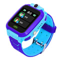 Blue children's waterproof smartwatch phone with colour screen showing GPS and calling functions on a silicone strap.