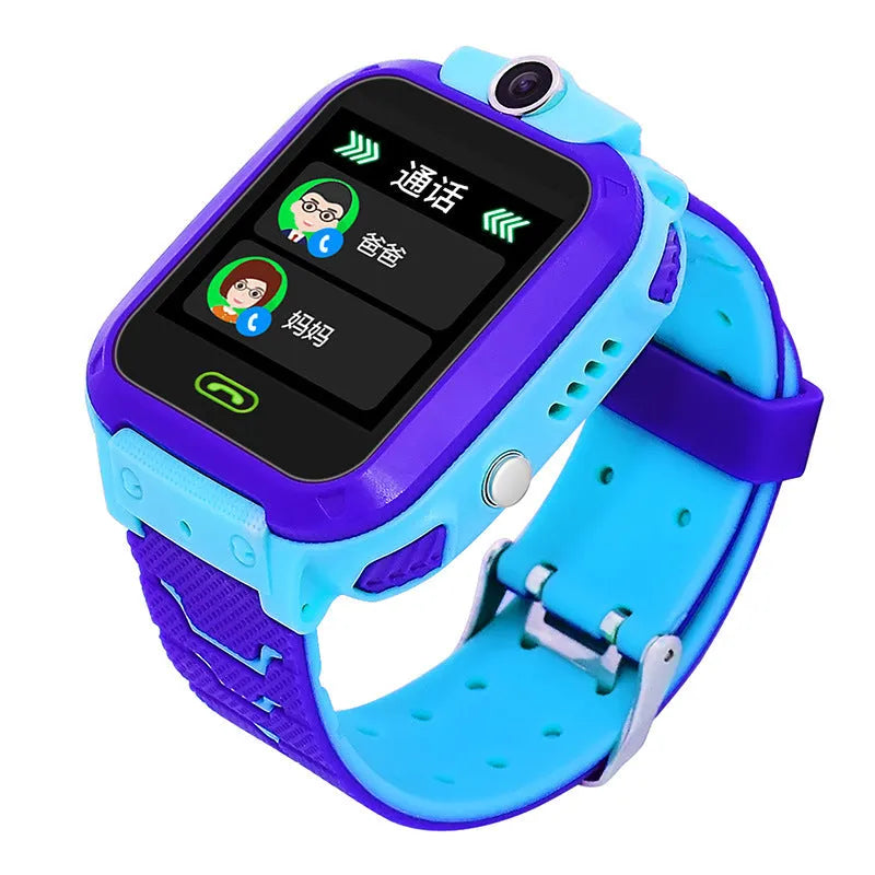 Blue children's waterproof smartwatch phone with colour screen showing GPS and calling functions on a silicone strap.