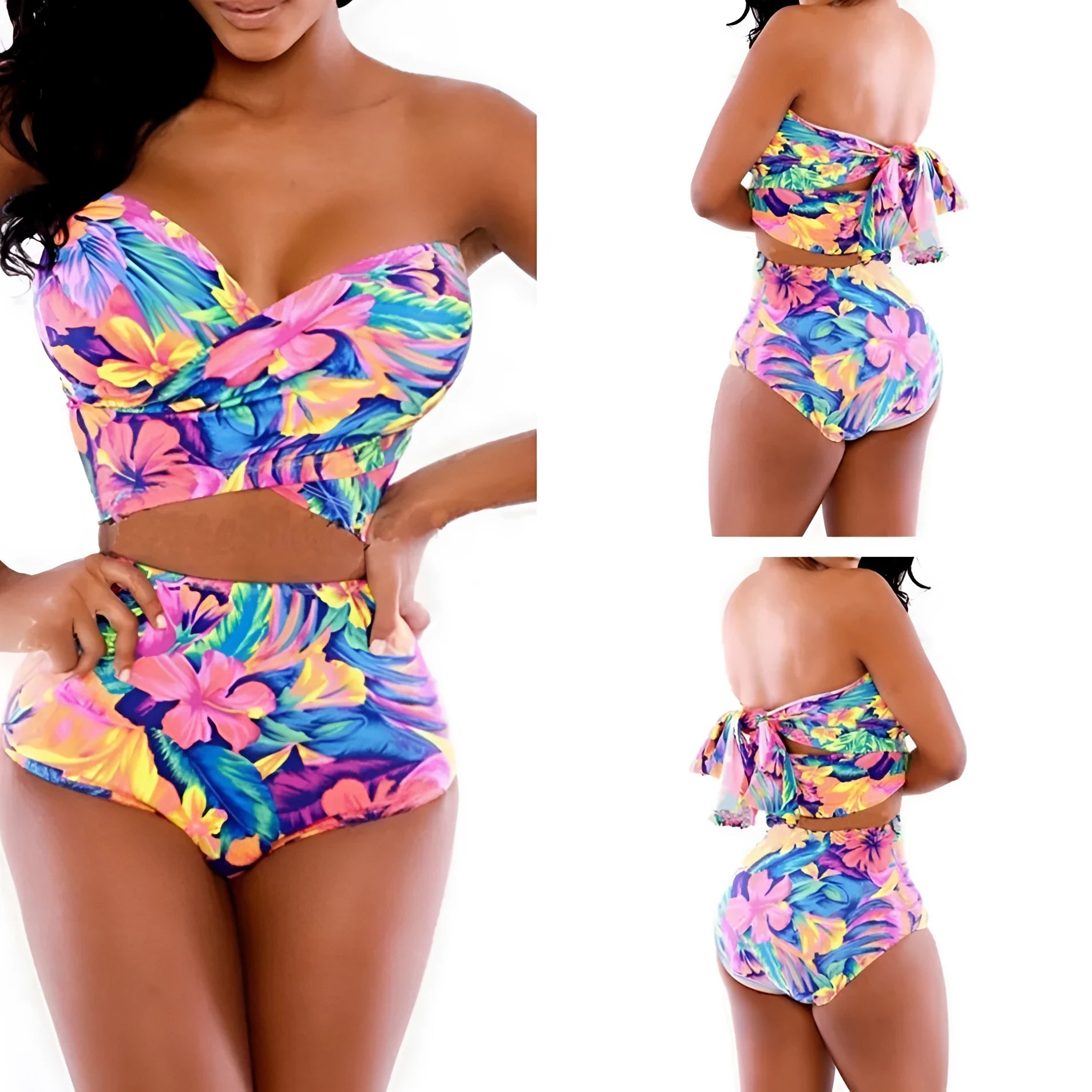 Red printed two-piece swimsuit with chest wrap top and matching pants.