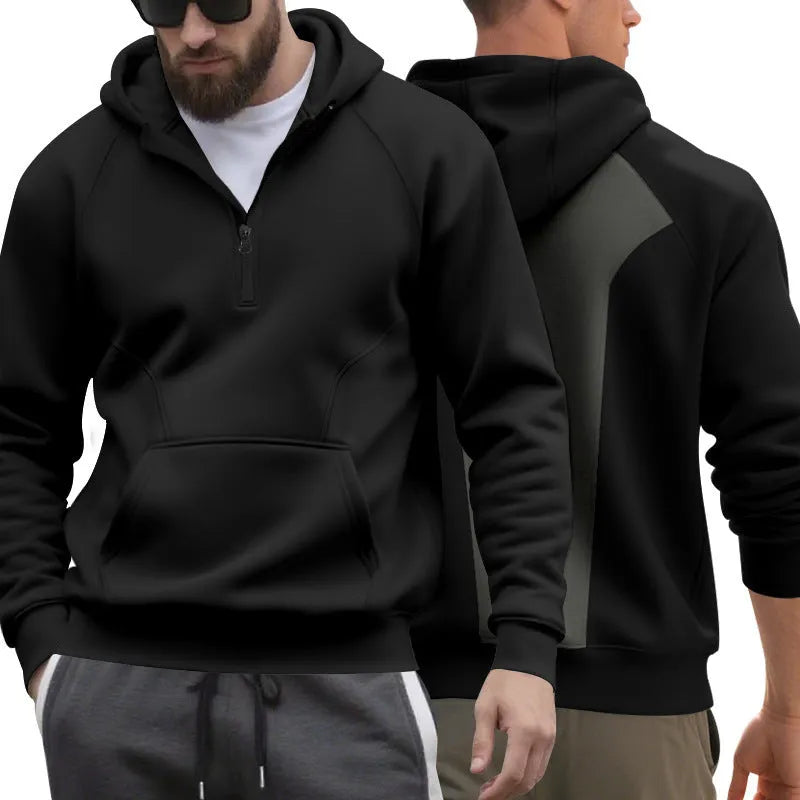 Men's loose fleece hooded zip sweatshirt with raglan sleeves in dark blue, black, army green, or iron grey, sizes S-XXXL