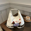 Retro large capacity women's tote bag with double shoulder straps in blue and white colours
