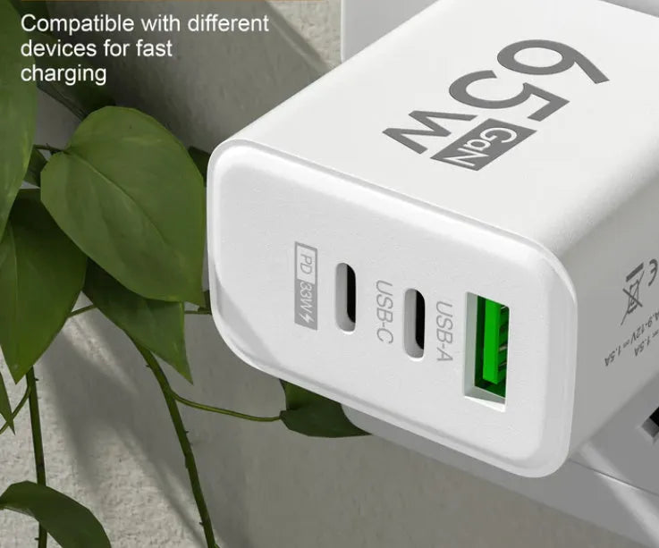 65W frosted square multi-port charger with 1 USB and 2 PD ports in EU White