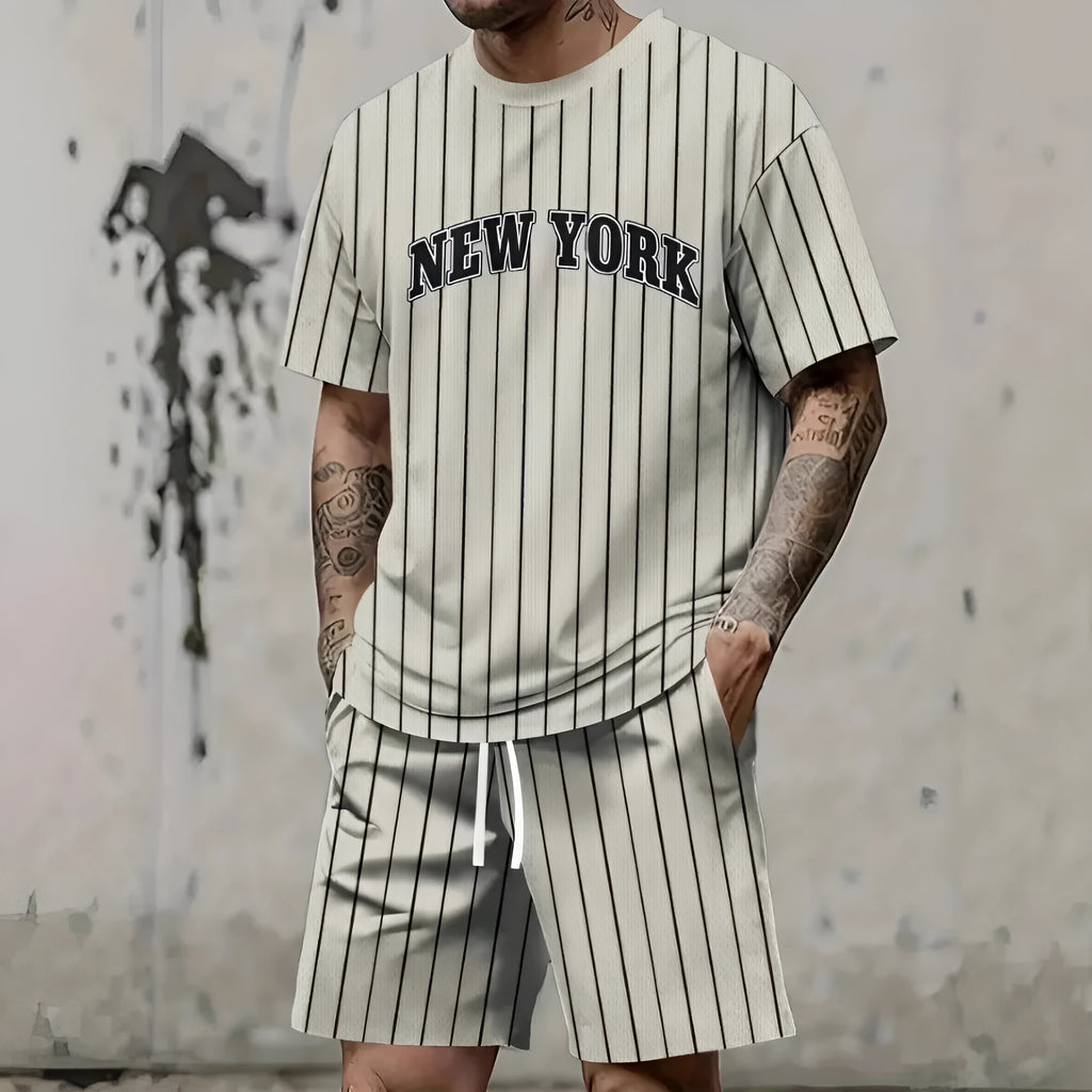 Men's 3D printed letter design polyester sports suit set with short sleeves and shorts.