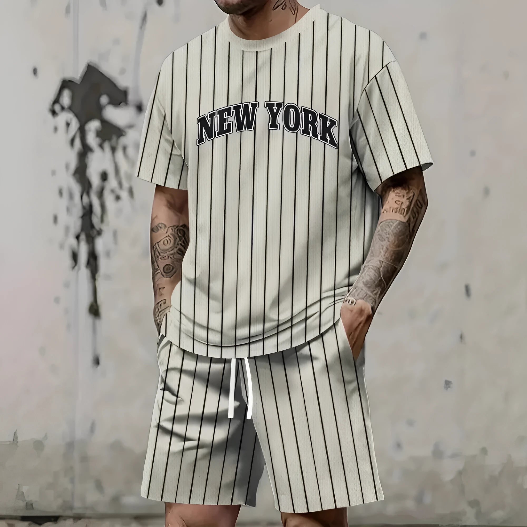 Men's 3D printed letter design polyester sports suit set with short sleeves and shorts.