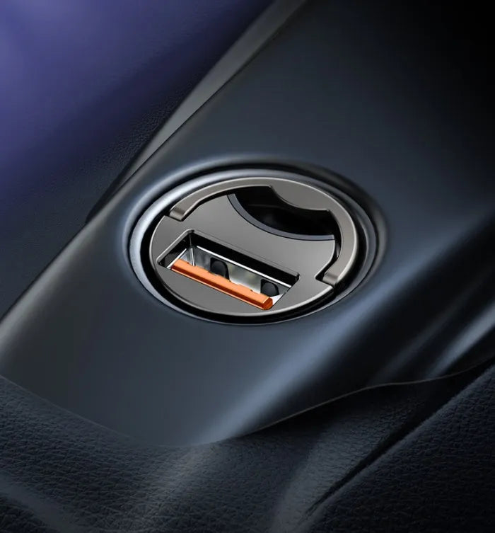 Grey Baseus 30W PPS fast car charger with single USB port and attached cable.