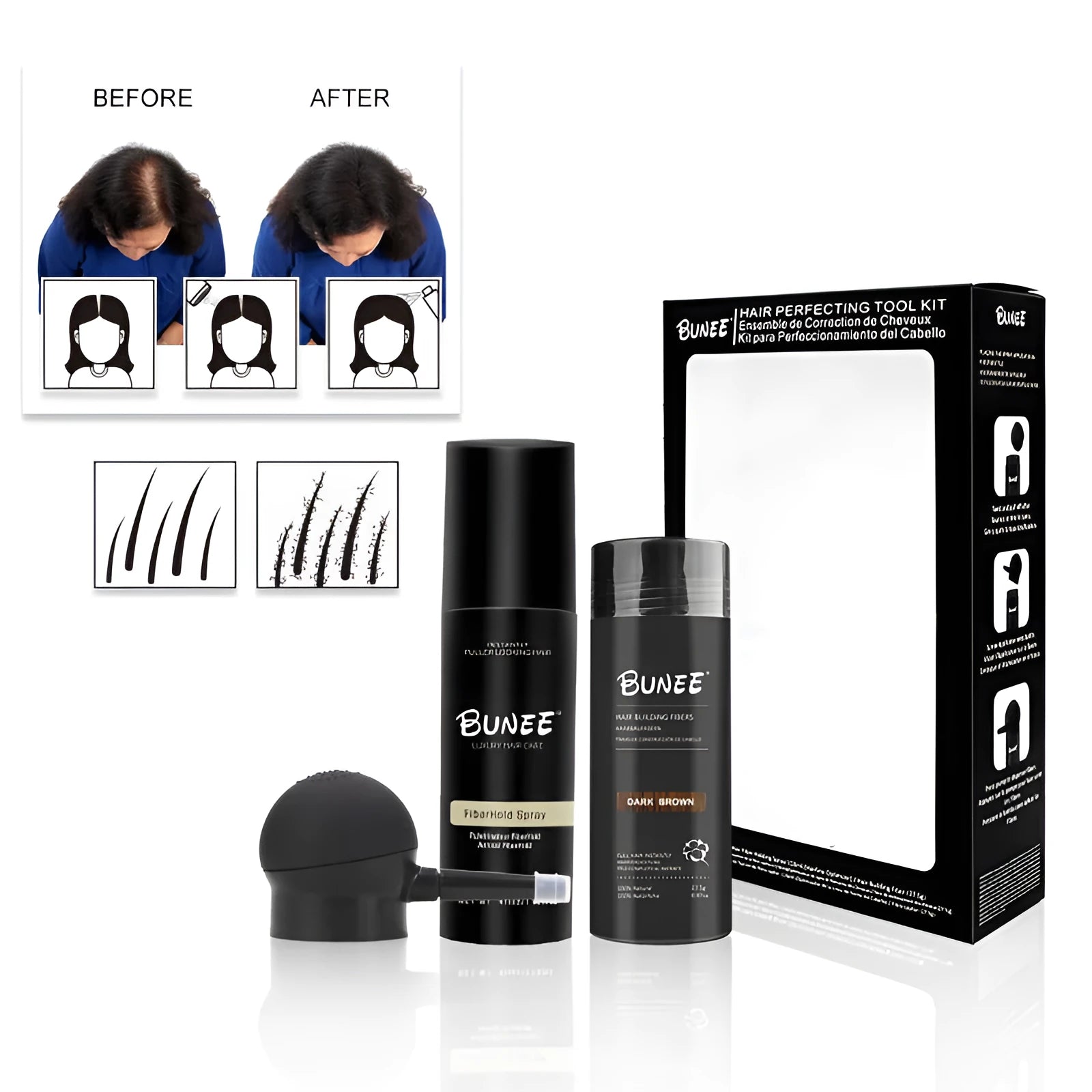 Hair fibre powder 275g three-piece styling set with dense fibre, special nozzle and shaping spray
