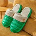 Plaid-patterned detachable EVA house slippers with plush lining, shown in pink, green, yellow, white, grey, or black.