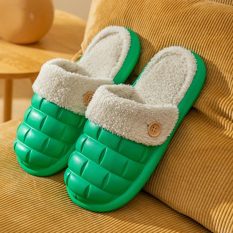 Plaid-patterned detachable EVA house slippers with plush lining, shown in pink, green, yellow, white, grey, or black.