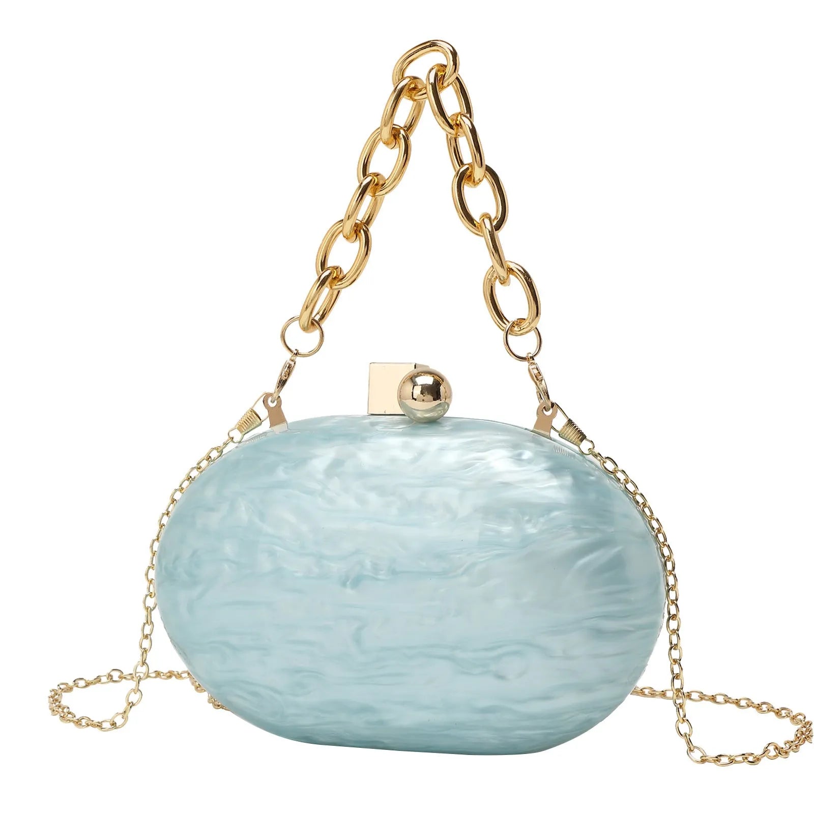 Oval acrylic women's clutch bag with detachable chain in pearlescent colour options