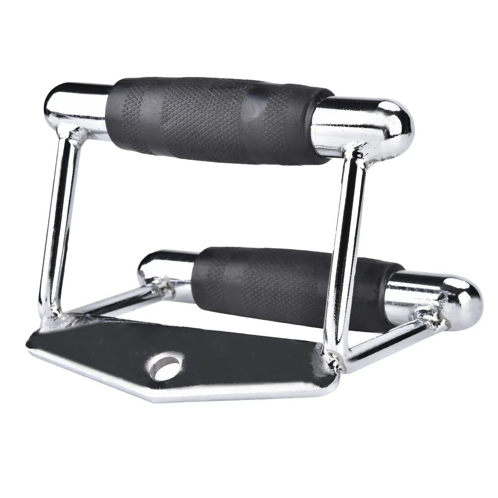 Steel triangle bar cable machine attachment in silver finish with central D-ring