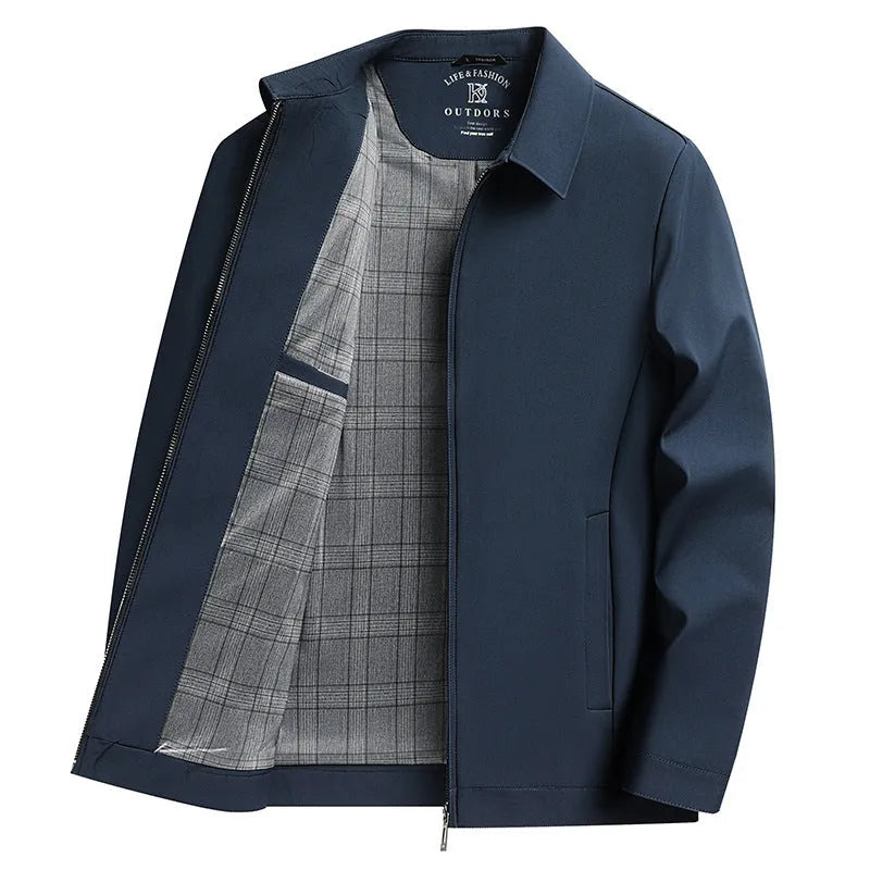 Men's navy blue polo collar casual jacket with side pockets