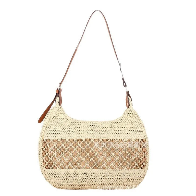 Women's straw cross body bag in khaki colour with horizontal square shape and cross body strap