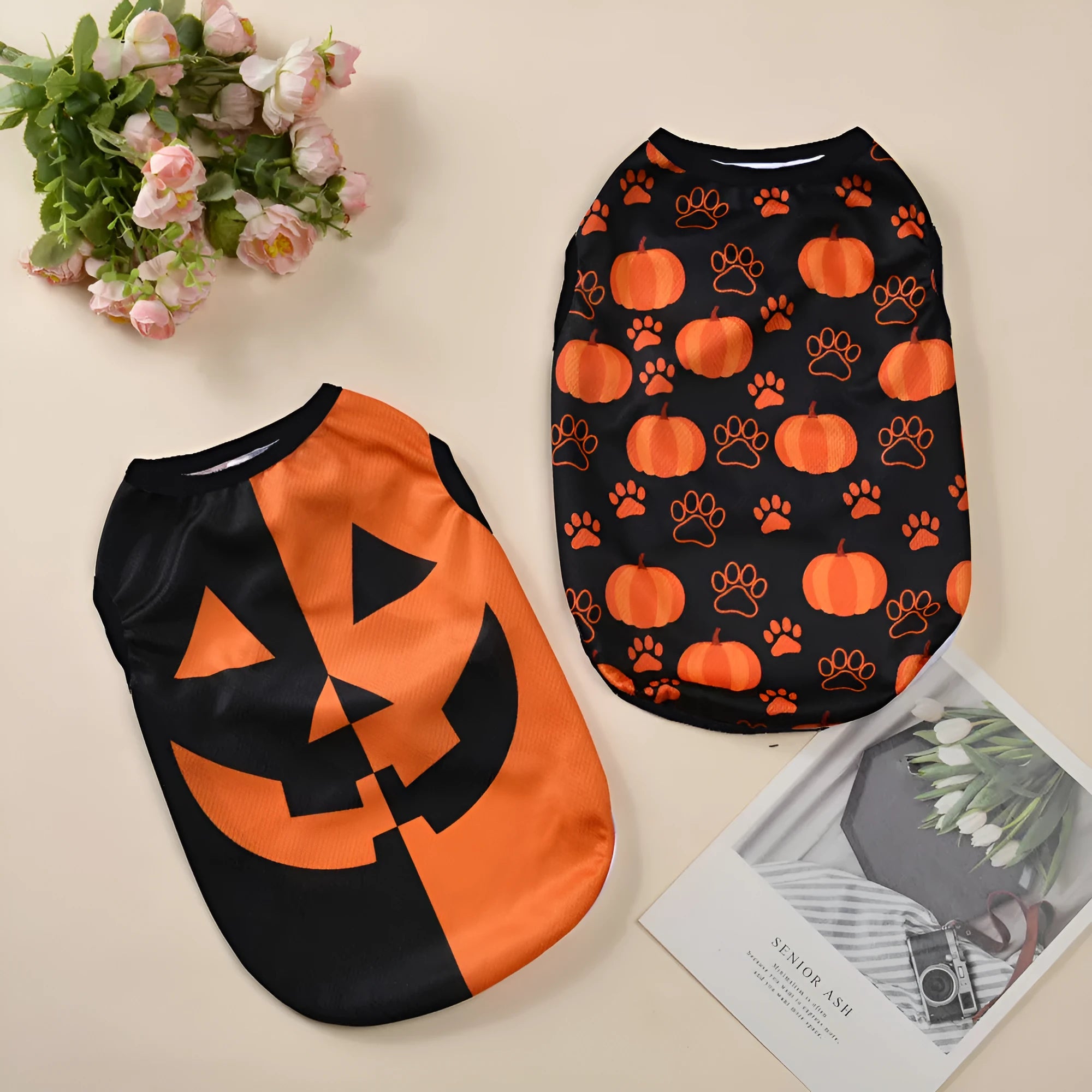 Polyester Halloween pet costume showing pumpkin and ghost prints on a dog or cat in size M