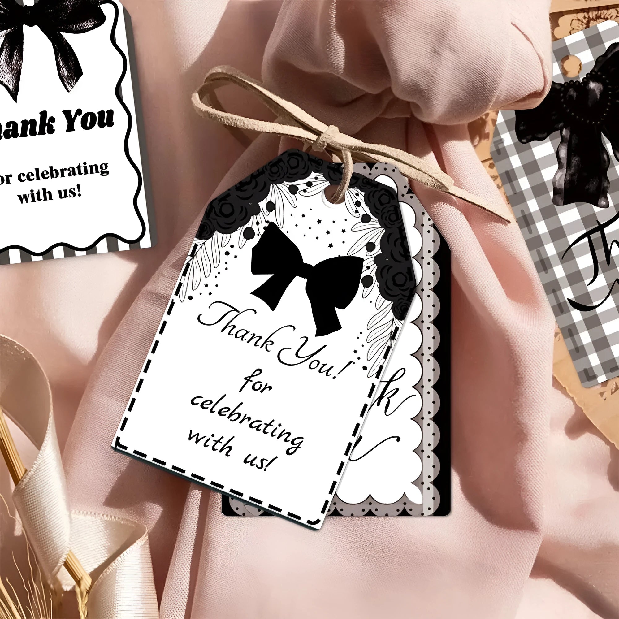 Birthday party gift label tags set with bowknot designs and hemp rope ties