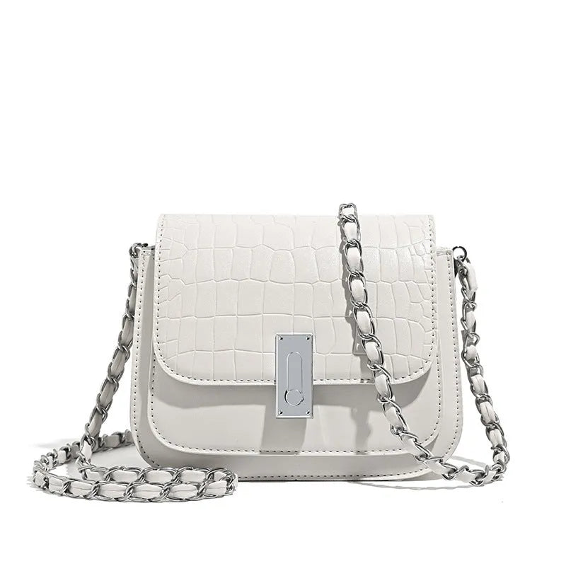 Women's black soft PU chain shoulder bag with square shape and cross-body strap.