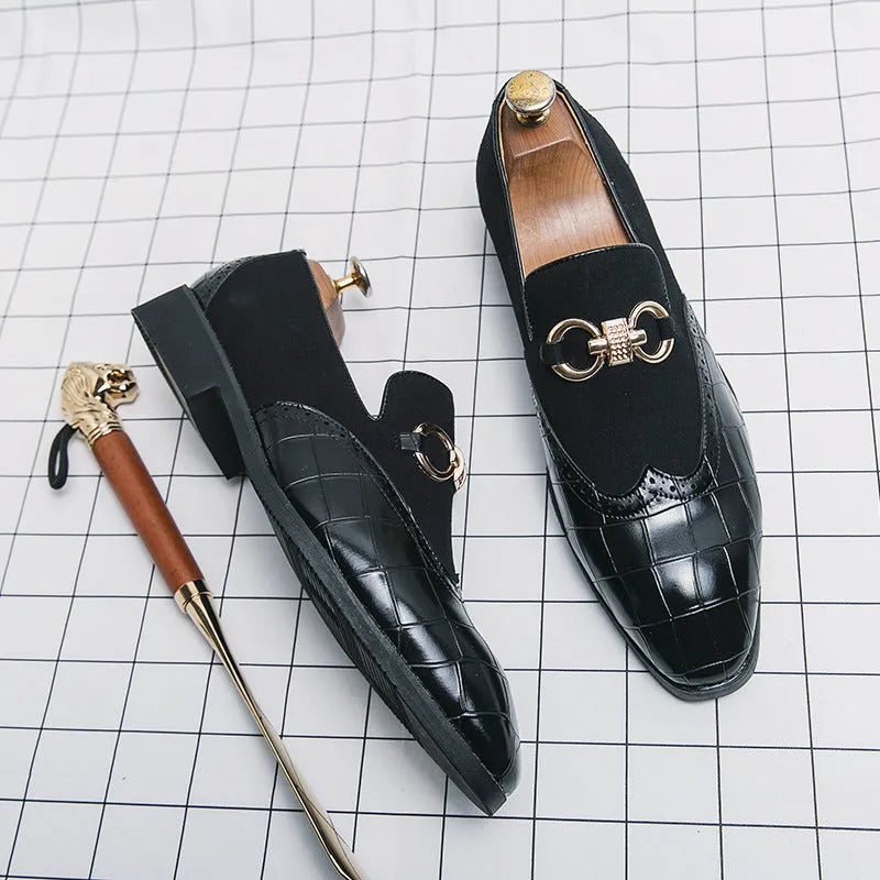 Men's black pointed toe leather casual shoes with low top and stitching detail.