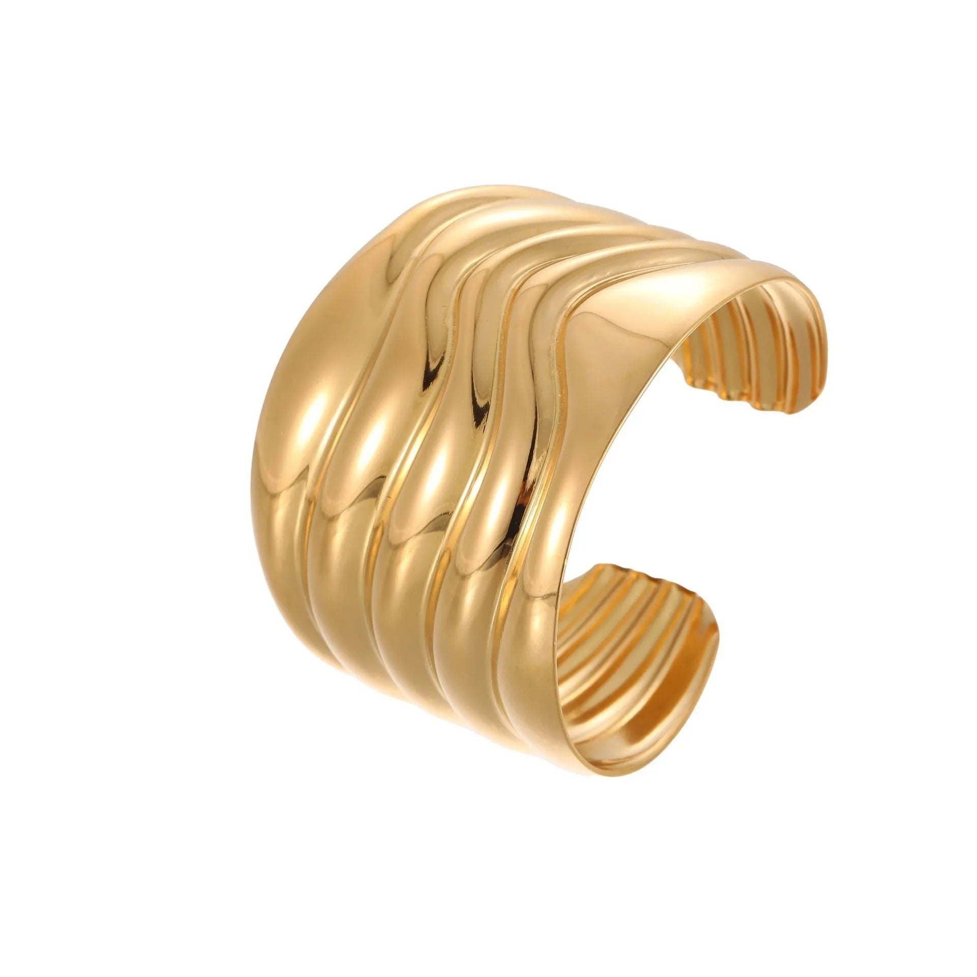 Women's wide geometric wave bracelet with gold plating and niche opening detail on wrist