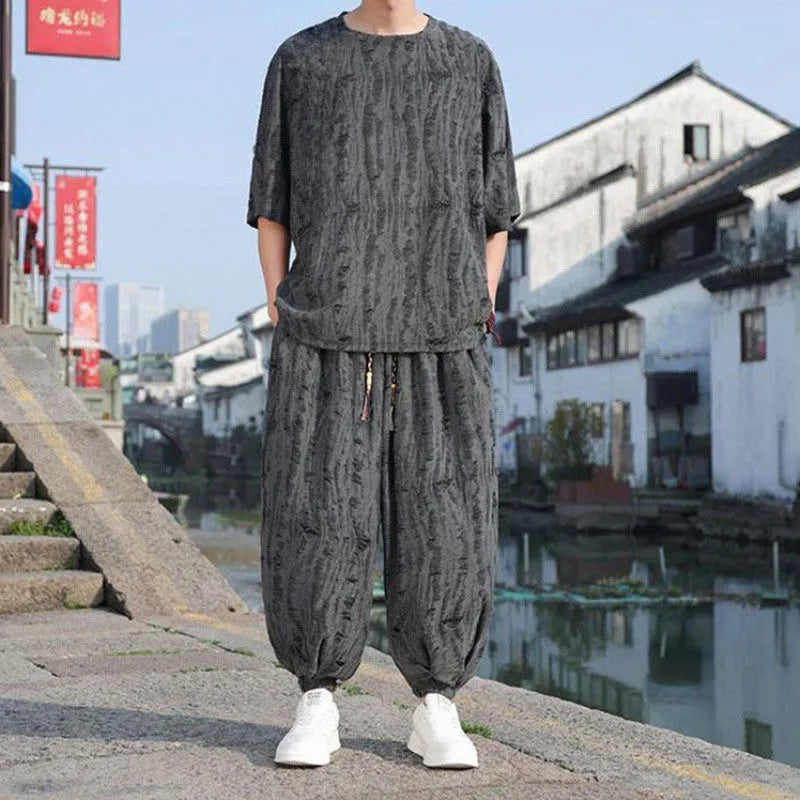 Men's thin short-sleeved loose two-piece suit in black, half-sleeve knitwear top and cropped trousers, national style