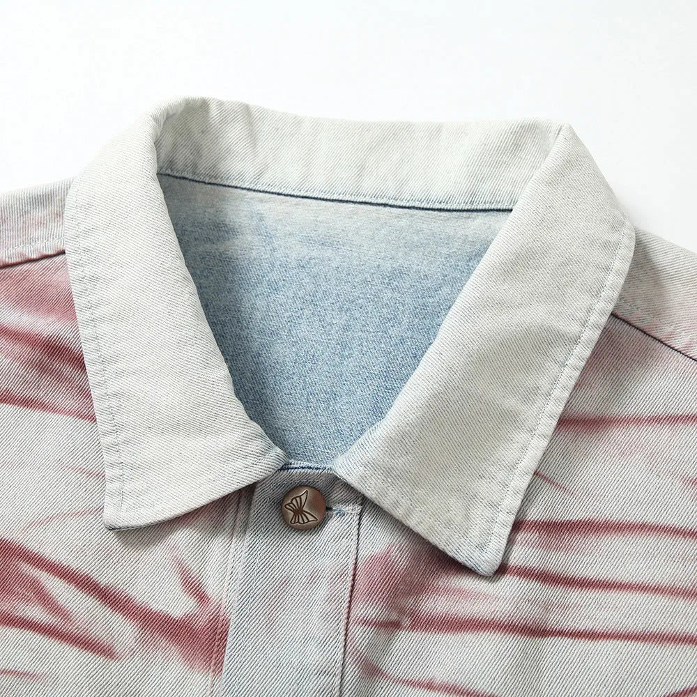 Blue inkjet tie-dyed loose-fit denim jacket for men with long sleeves and straight hem