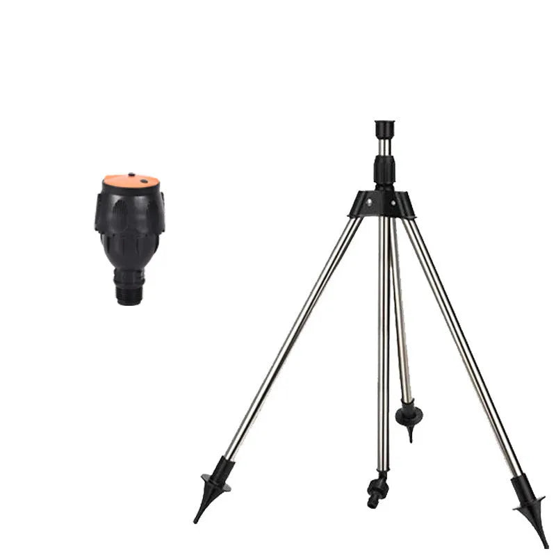Automatic 360-degree rotating garden sprinkler on adjustable tripod for lawn irrigation with 8-12m range