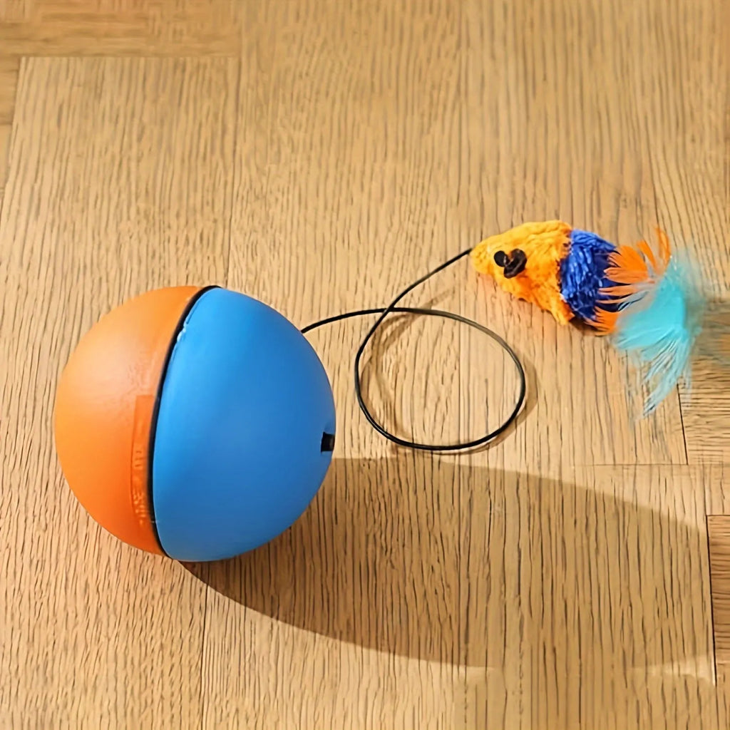 Grey and orange interactive cat toy ball with attached plush mouse and feather tail.