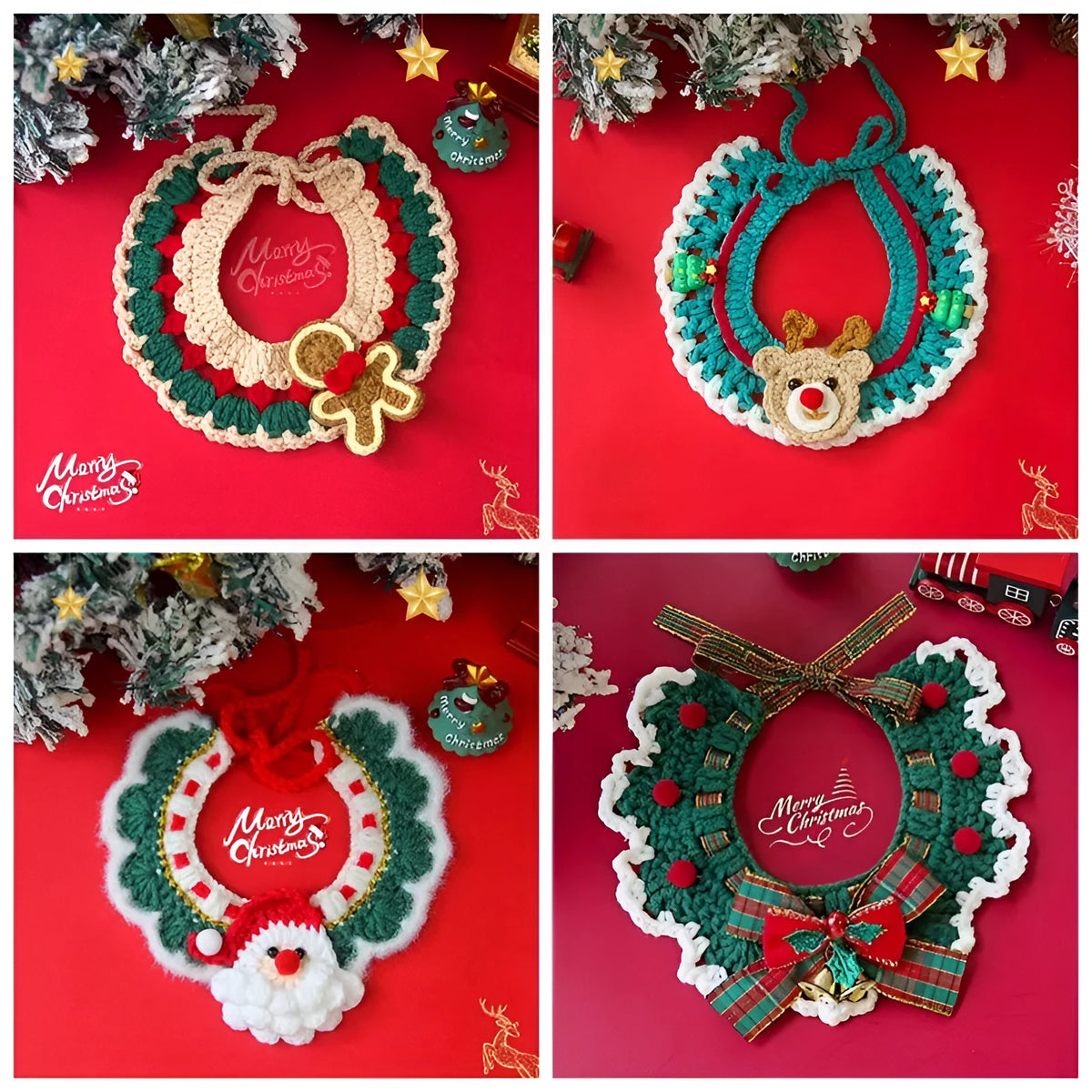 Adjustable Christmas knit pet collar with crochet Elk pattern, soft yarn, sizes L and M for cats and dogs