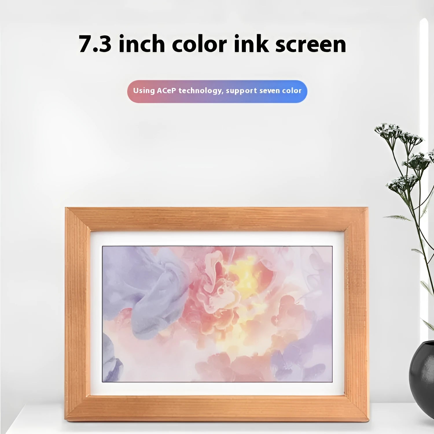 73-inch solid wood photo frame with rainbow colour band and e-ink screen displaying a still image