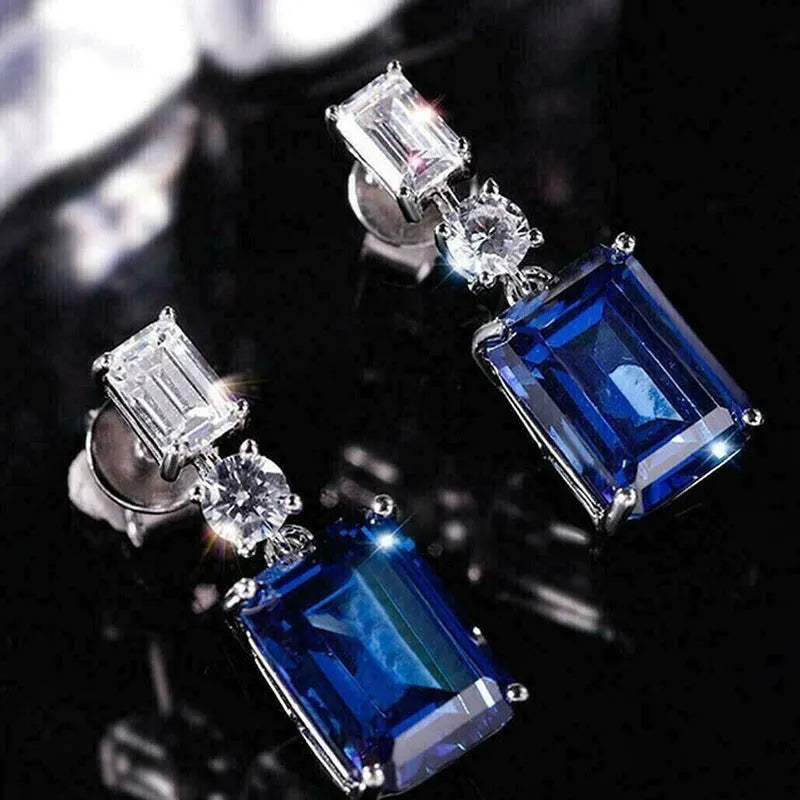 Blue contrast zircon earrings in geometric copper frame with electroplated blue finish