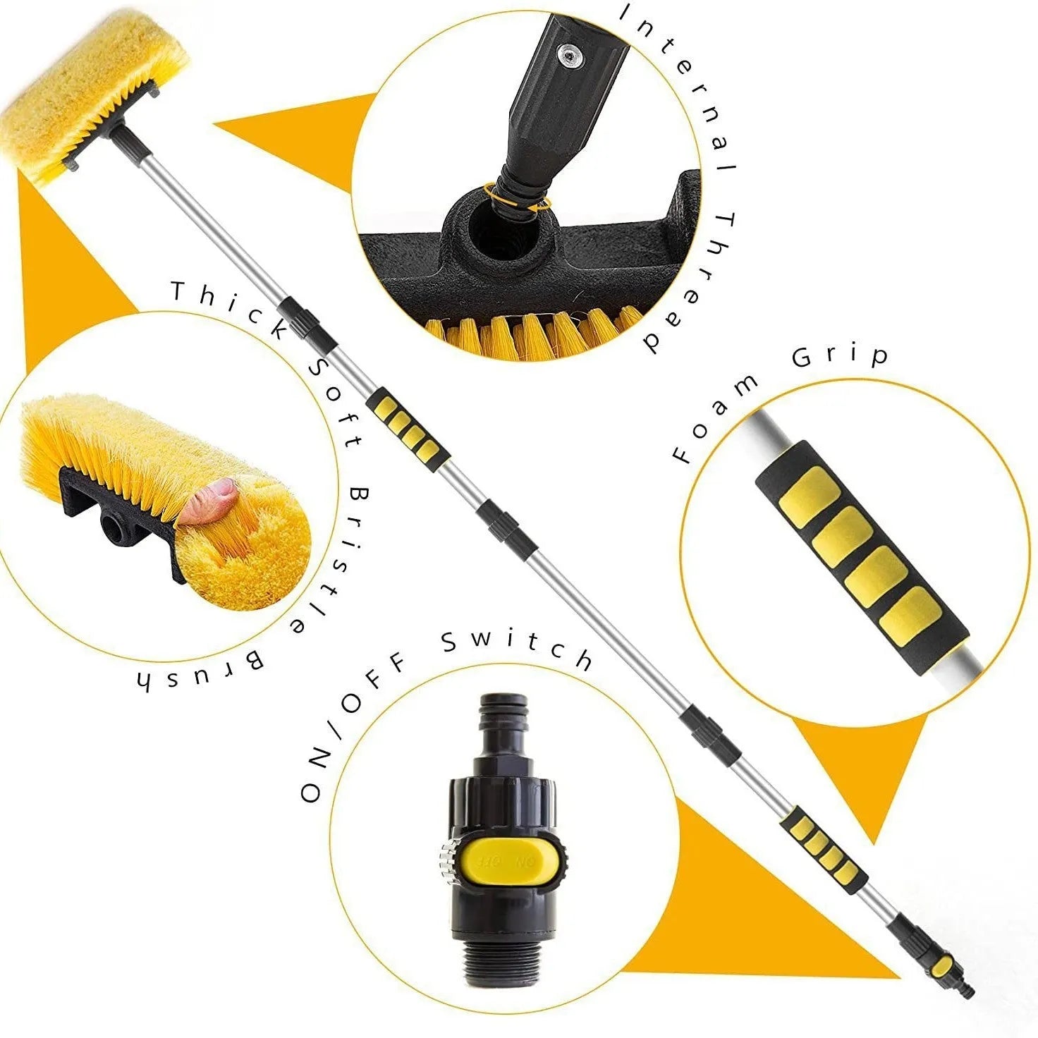 Yellow portable car wash brush with four-section extendable rod and removable flow-through cleaning head