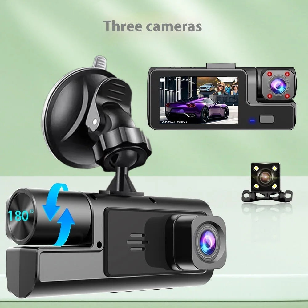 Black Wi-Fi dash cam with 2-inch screen, front lens, and separate rear camera for car reversing.