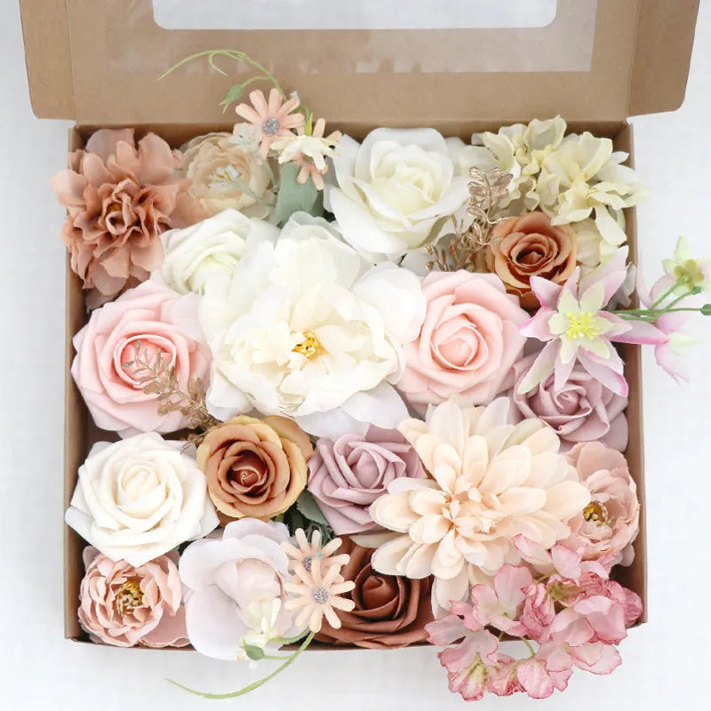 Lotus Pink Champagne Rose silk flower box half-handmade arrangement in decorative box