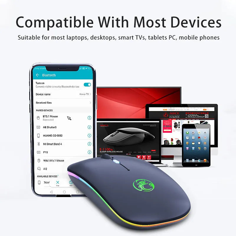 Black and white luminous charging silent wireless mouse on a desk with adjustable DPI and Bluetooth connectivity.