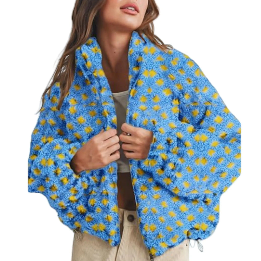 Women anti-blowing lamb wool plaid casual loose jacket, polyester fibre, multiple colour options, front view
