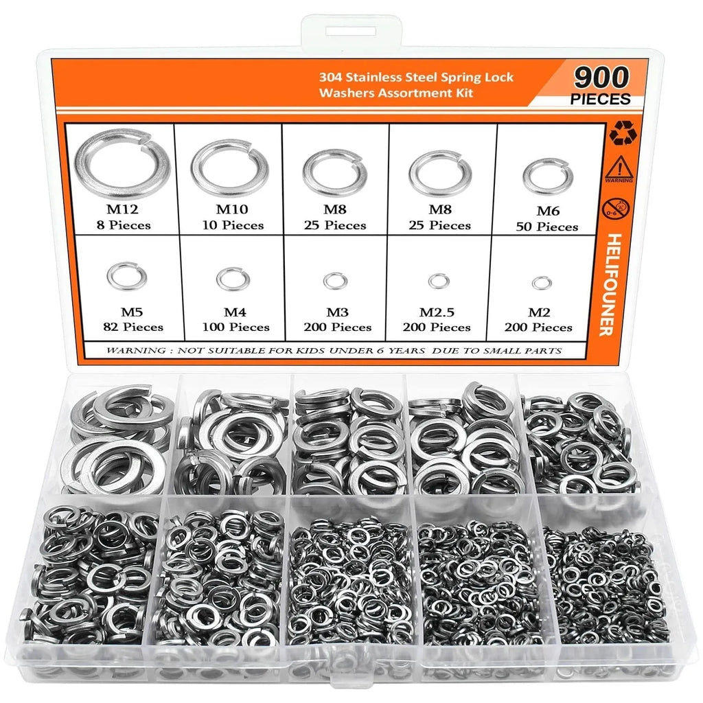 Open box showing assortment of 304 stainless steel spring lock washers in various sizes from 2-12mm inner diameter.
