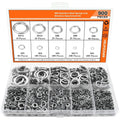 Open box showing assortment of 304 stainless steel spring lock washers in various sizes from 2-12mm inner diameter.