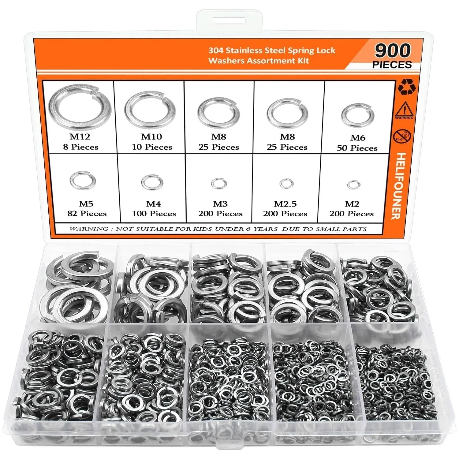 Open box showing assortment of 304 stainless steel spring lock washers in various sizes from 2-12mm inner diameter.