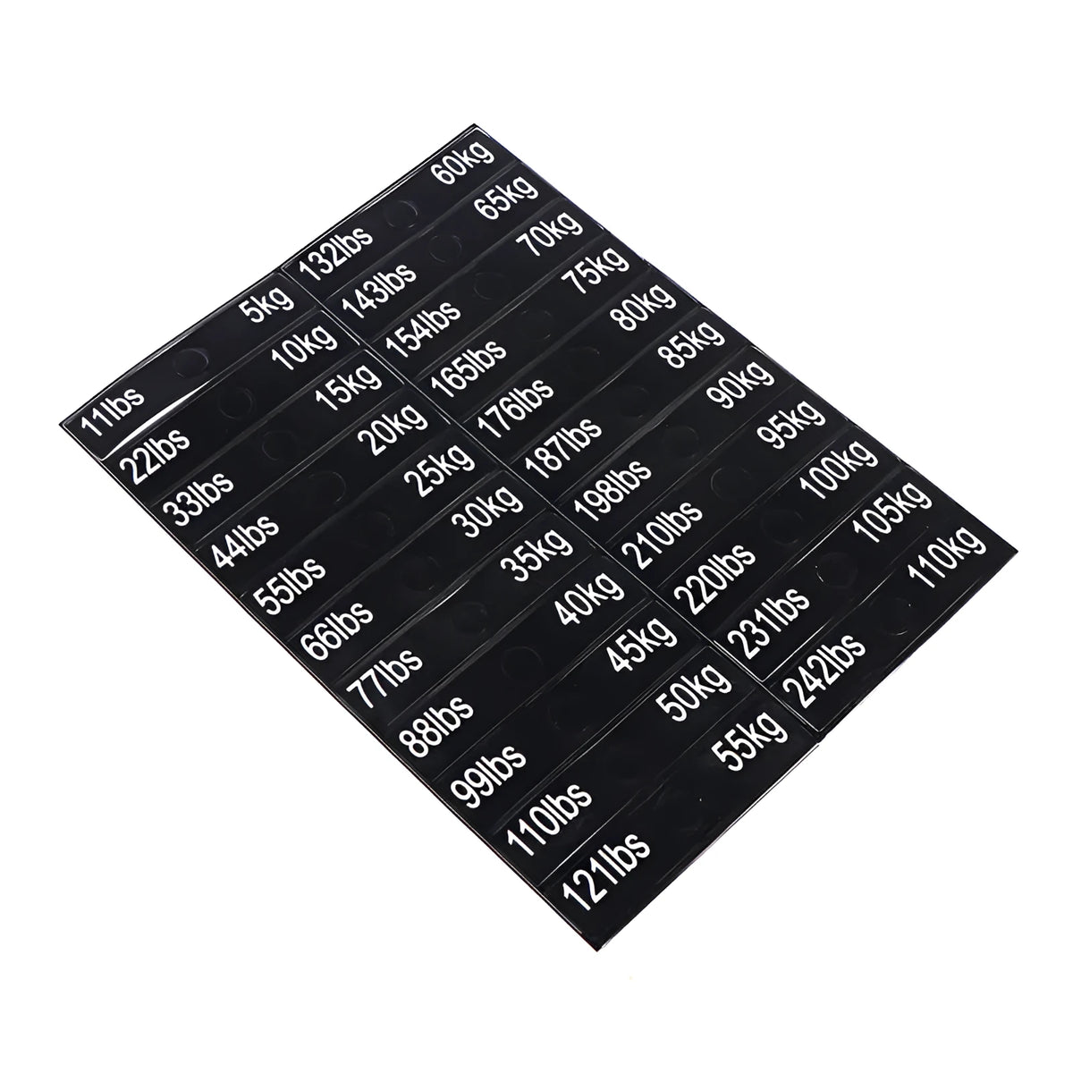 Set of gym equipment weight sticker labels with bolt holes, 90x20mm, covering 5-100kg