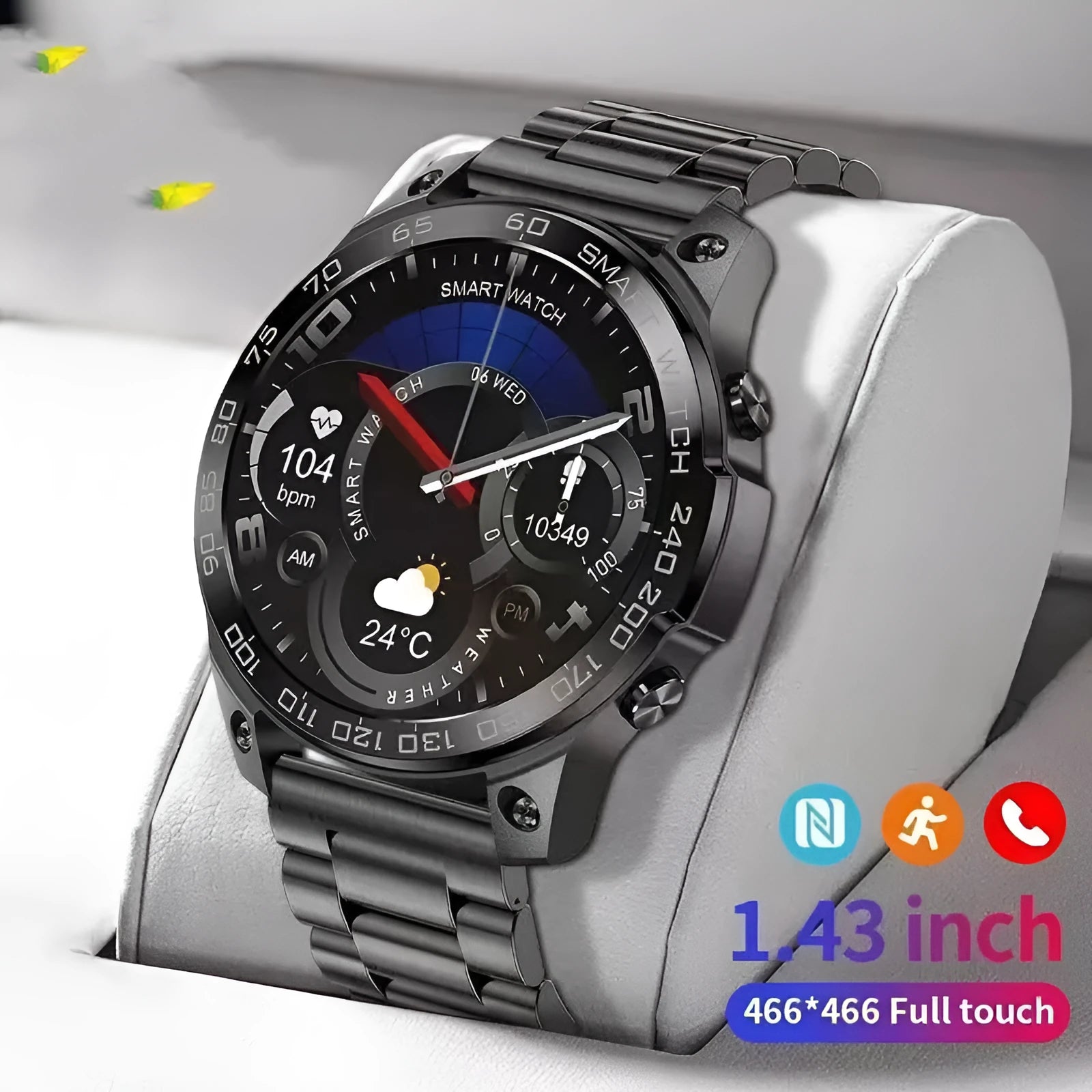 Round dial sports watch with AMOLED screen and silicone strap showing Bluetooth calling and fitness tracking features