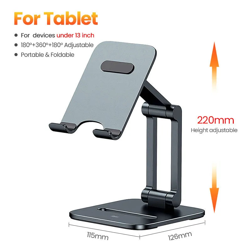 Deep space grey aluminium folding stand holding a tablet next to its compact folded size.