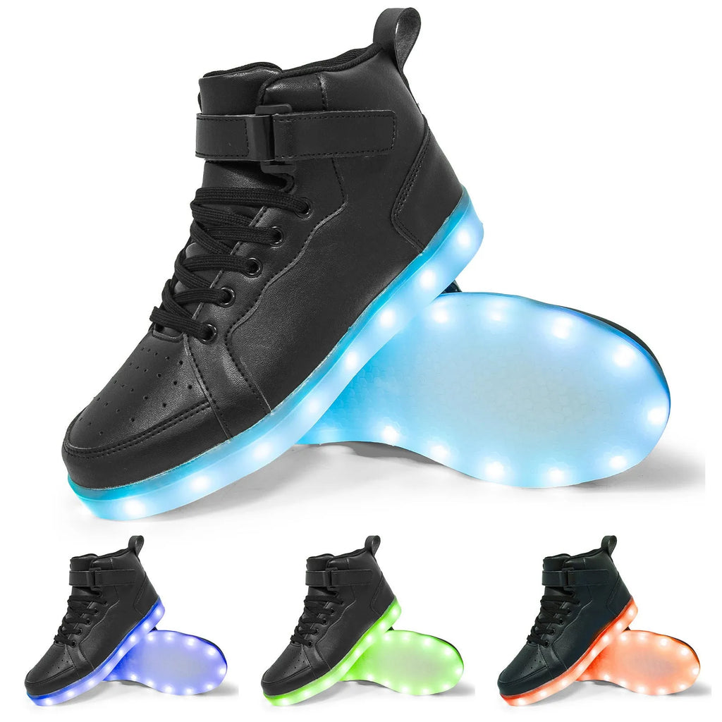 Black LED light-up high-top skate shoes with Velcro straps and glowing soles.