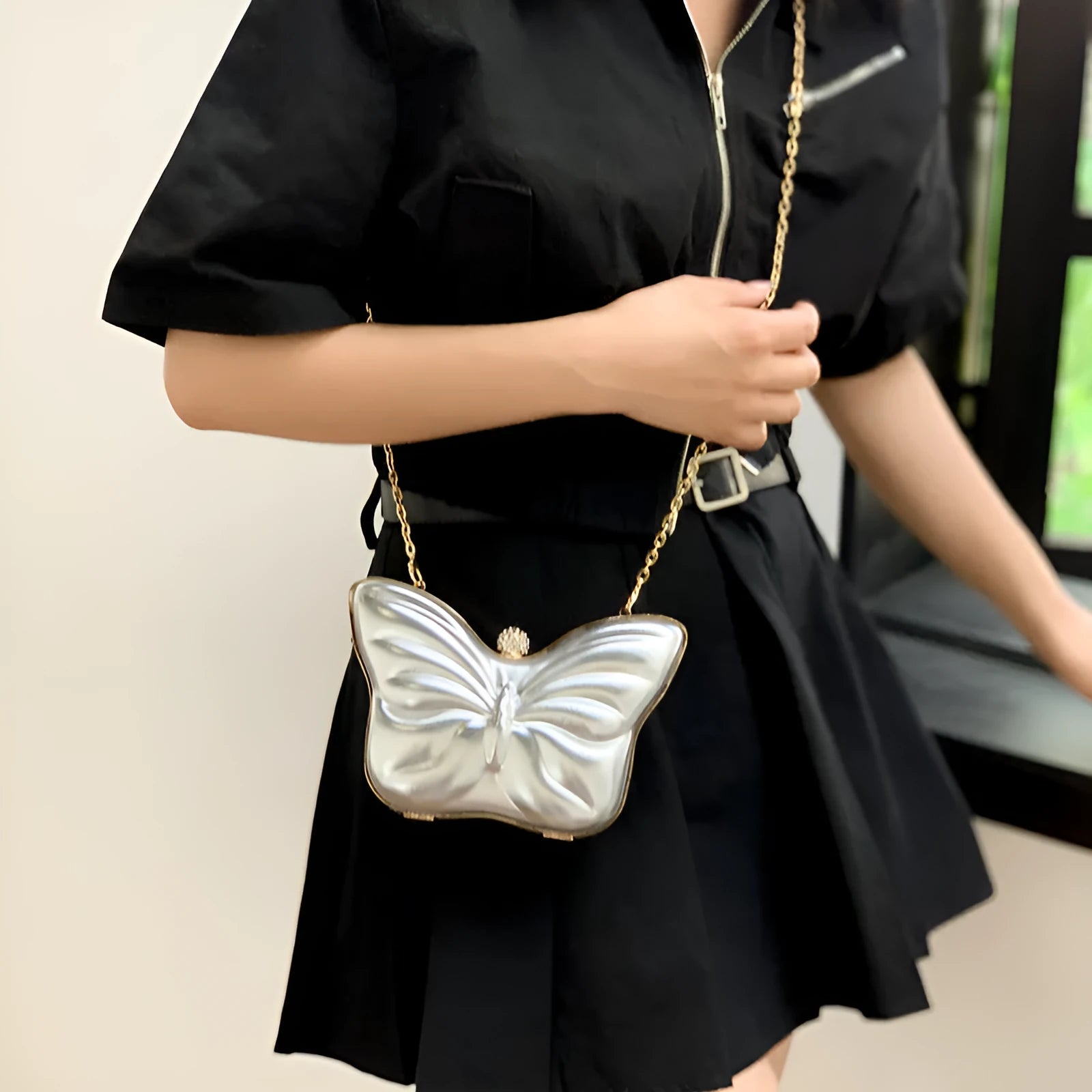 Women's PU leather crossbody bag with butterfly chain, black colour, sandwich pocket, 19.5cm width