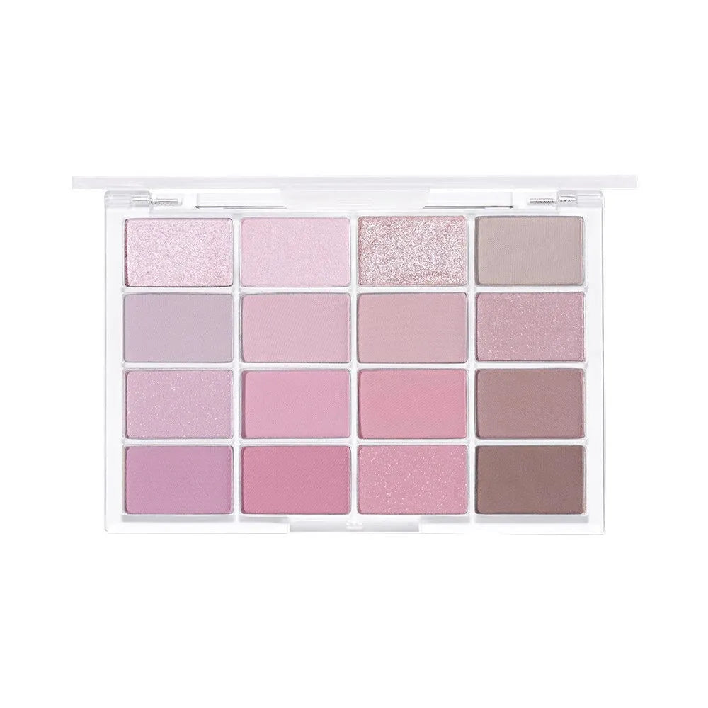 16 colour eyeshadow palette showing shimmer and matte shades in pink, brown and lavender colours