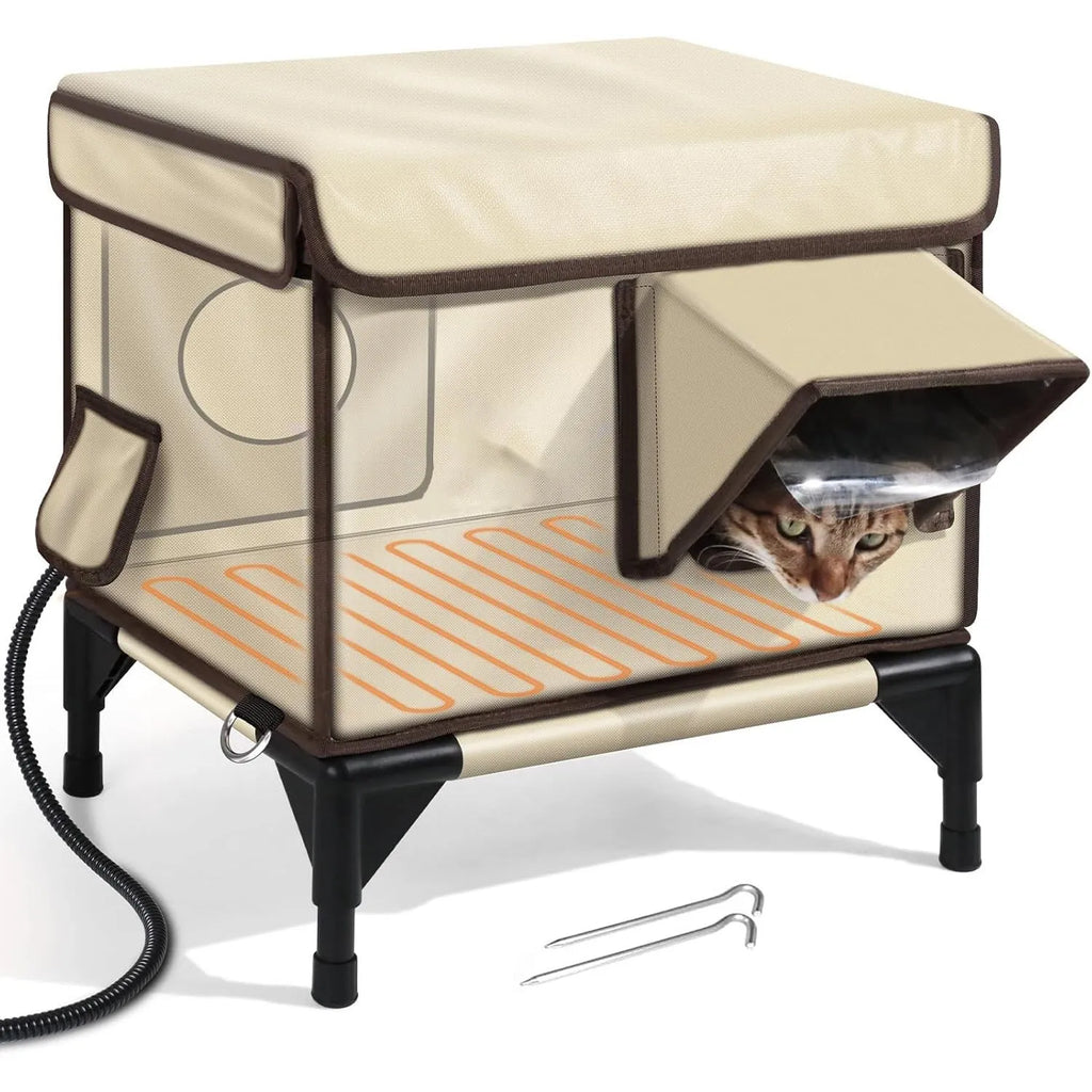 Beige outdoor waterproof Oxford cloth pet house with PVC pipe frame in folded set-up, suitable for cats and small dogs