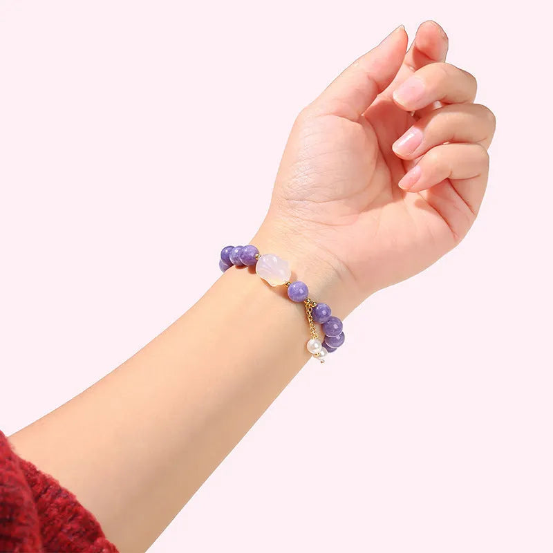 Purple aquamarine and agate stone bracelet with a geometric rabbit charm for women.